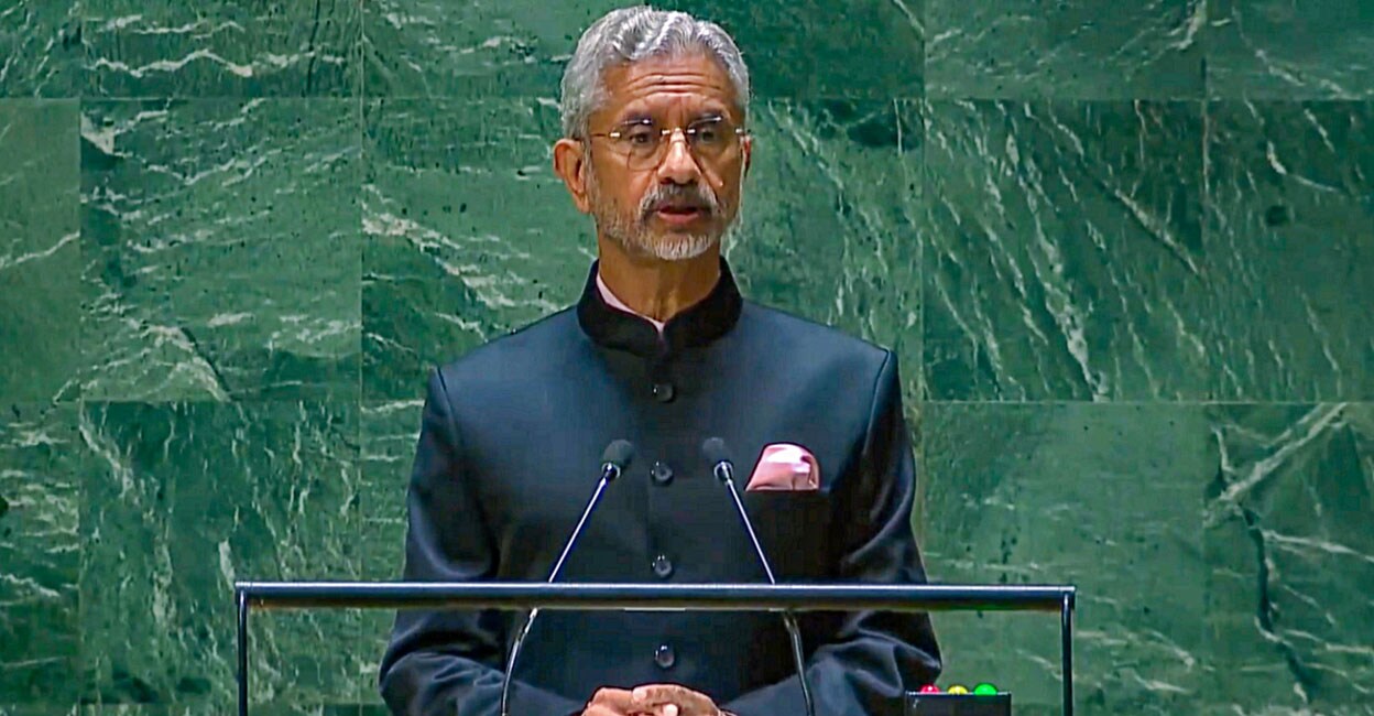 External Affairs Minister S Jaishankar speaks at the General Debate of the 78th session of United Nations General Assembly in New York on Tuesday. Photo: PTI