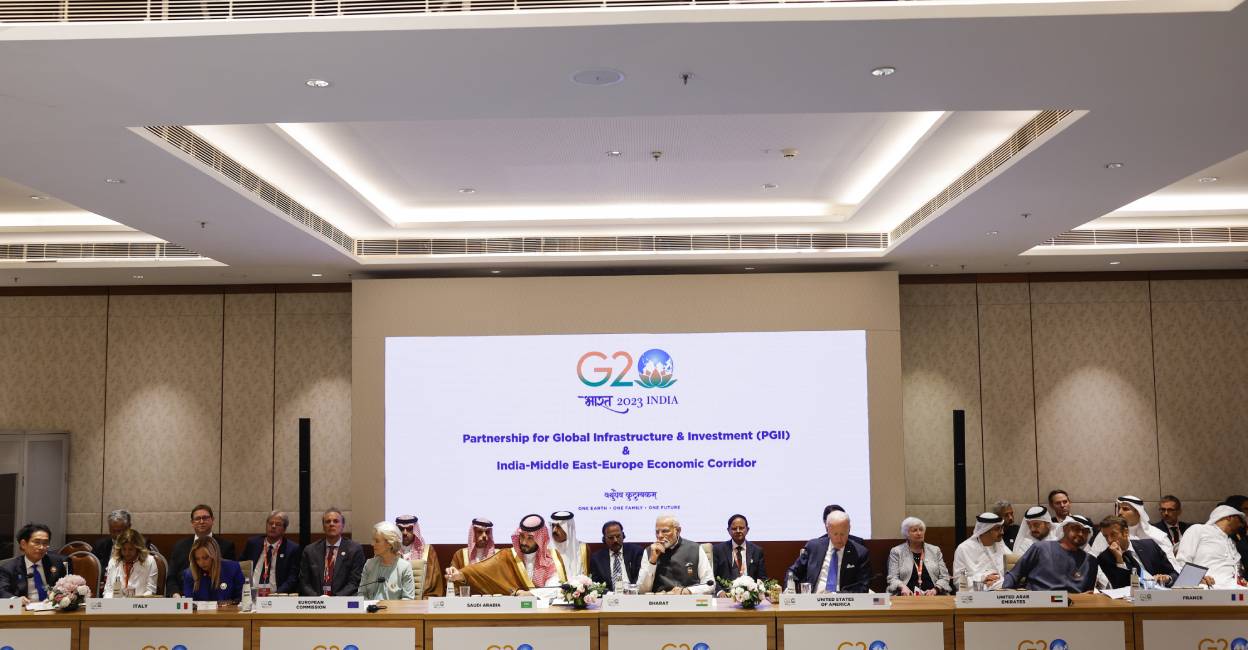 g20 Indian Prime Minister Narendra Modi, U.S. President Joe Biden, UAE President Sheikh Mohamed bin Zayed Al Nahyan, French President Emmanuel Macron and other G20 diginitaries attend Partnership for Global Infrastructure and Investment event on the day of the G20 summit in New Delhi. Photo: Reuters