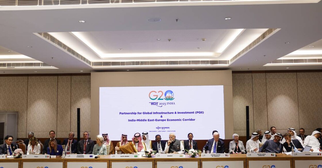 Indian Prime Minister Narendra Modi, U.S. President Joe Biden, UAE President Sheikh Mohamed bin Zayed Al Nahyan, French President Emmanuel Macron and other G20 diginitaries attend Partnership for Global Infrastructure and Investment event on the day of the G20 summit in New Delhi. Photo: Reuters