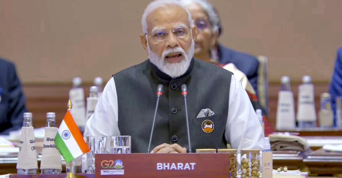 Modi, G20,Bharat The name card in front of Modi as he addressed the gathering at the Bharat Mandapam said 'Bharat'. Photo: PTI