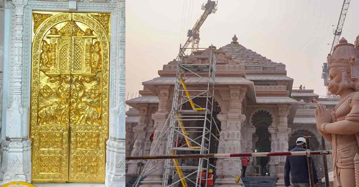 First golden door installed at the Ram Temple in Ayodhya; Shri Ram Janmbhoomi Temple under construction, ahead of the consecration ceremony at the temple, in Ayodhya. Photos: X/DD News, PTI