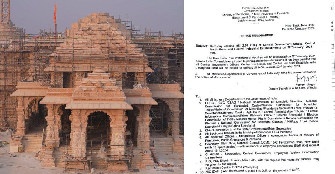 The under-construction Ram temple in Ayodhya; the circular issued by the Centre for all government employees.