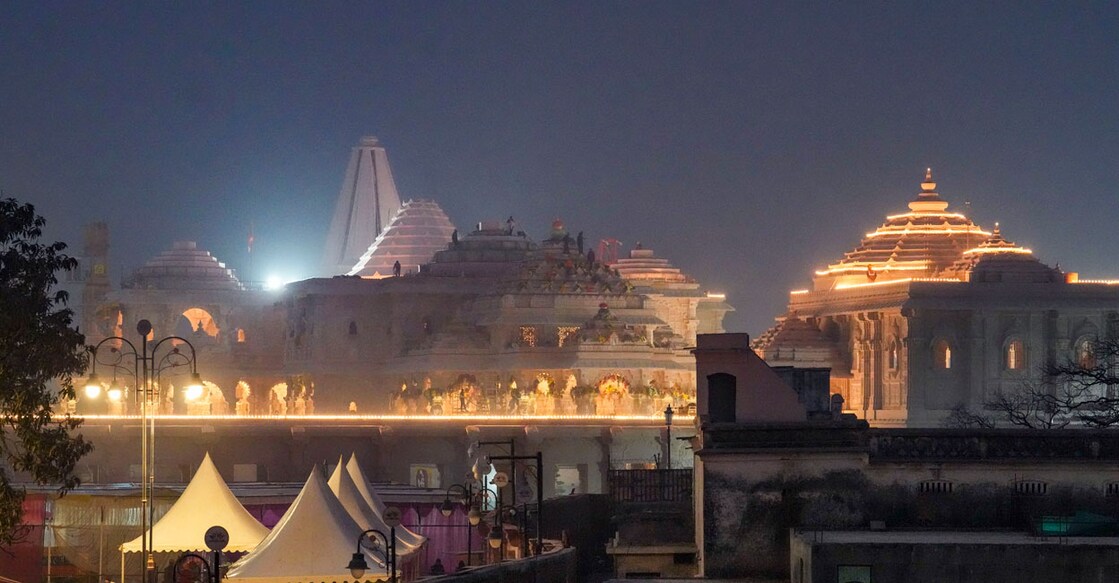 Evening view of the Ram Temple ahead of its consecration ceremony. Photo/ PTI.