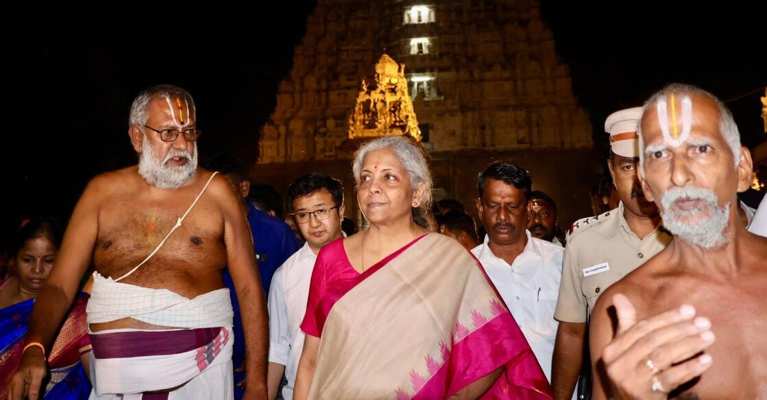 nirmala-sitharaman-at-tn Union Finance Minister Nirmala Sitharaman visits Varadharaja Perumal Temple, in Kanchipuram, Tamil Nadu. Photo: PTI