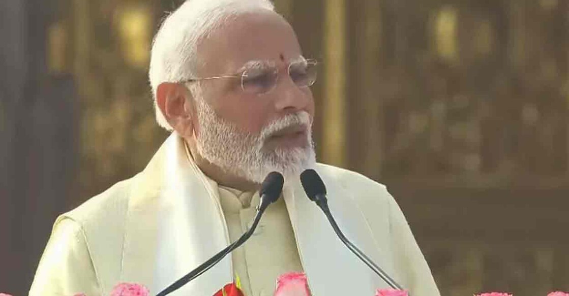 Prime Minister Narendra Modi speaks after the 'Pran Pratishtha' ceremony at the Ram Mandir, in Ayodhya, Monday, Jan. 22, 2024. Photo: Screengrab/Manorama News