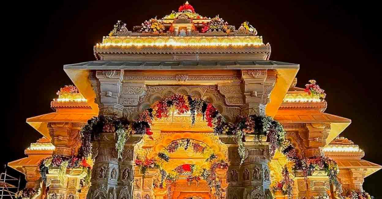 PTI01_21_2024_000465A View of the Ram Temple on the eve of its consecration ceremony, in Ayodhya, Sunday, Jan. 21. 2024. Photo: PTI