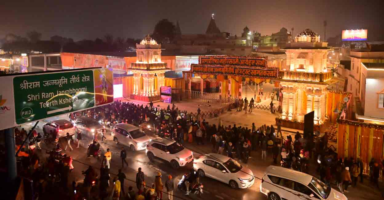 PTI01_21_2024_000507A View of the Ram Temple on the eve of its consecration ceremony, in Ayodhya, Sunday, Jan. 21. 2024. Photo: PTI