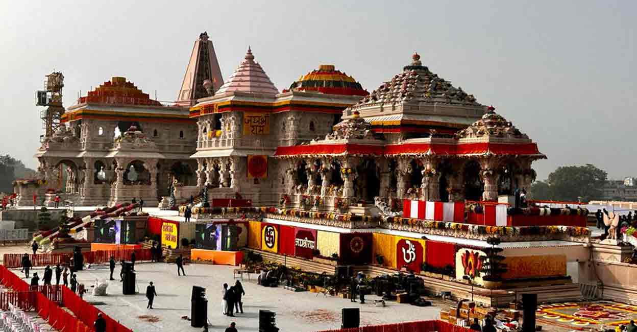 PTI01_21_2024_000515A View of the Ram Temple on the eve of its consecration ceremony, in Ayodhya, Sunday, Jan. 21. 2024. Photo: PTI