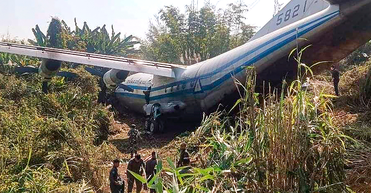 Damaged Myanmar military plane after it crashed at the Lengpui airport, on the outskirts of Aizawl, Mizoram. Photo: PTI