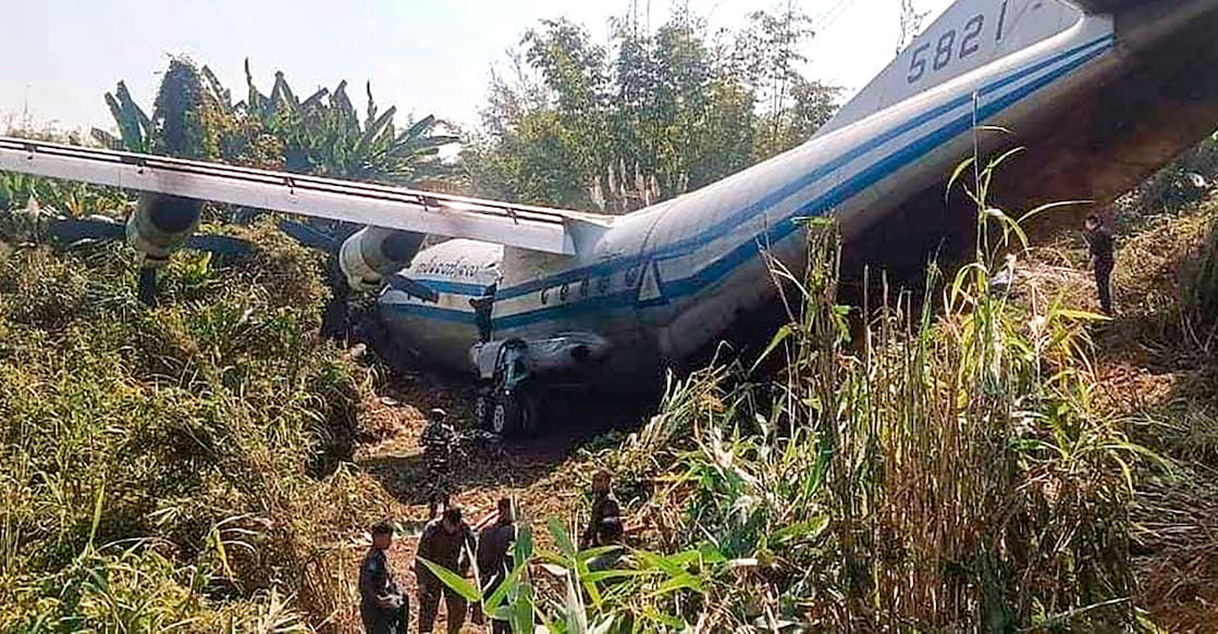 Damaged Myanmar military plane after it crashed at the Lengpui airport, on the outskirts of Aizawl, Mizoram. Photo: PTI