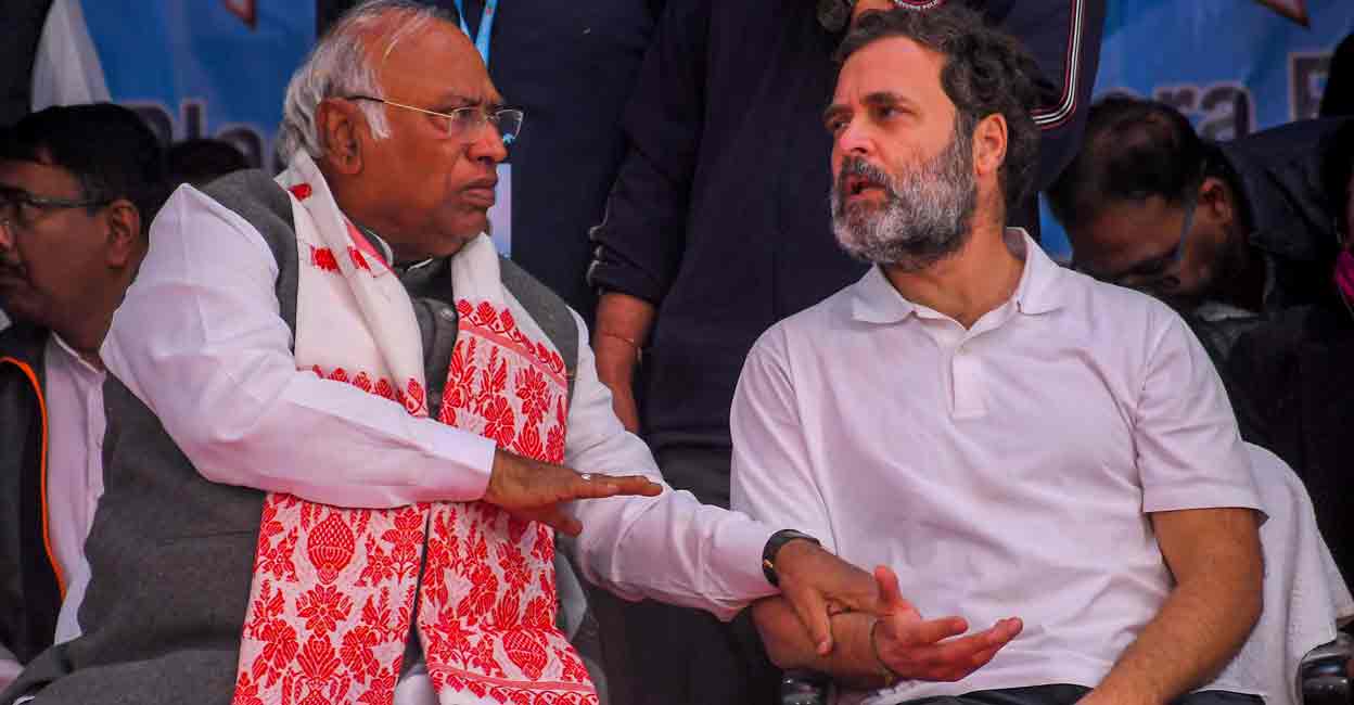 Congress President Mallikarjun Kharge with party leader Rahul Gandhi during a public meeting amid the 'Bharat Jodo Nyay Yatra', in Nagaon district, Assam, Sunday, Jan. 21, 2024. Photo: PTI