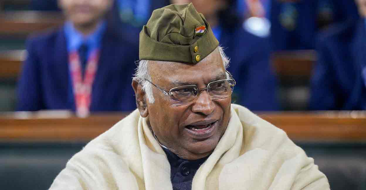 PTI01_23_2024_000160A Congress President Mallikarjun Kharge after paying tribute to Netaji Subhas Chandra Bose on his birth anniversary, at the Central Hall of Samvidhan Sadan, in New Delhi, Tuesday, Jan. 23, 2024. Photo: PTI