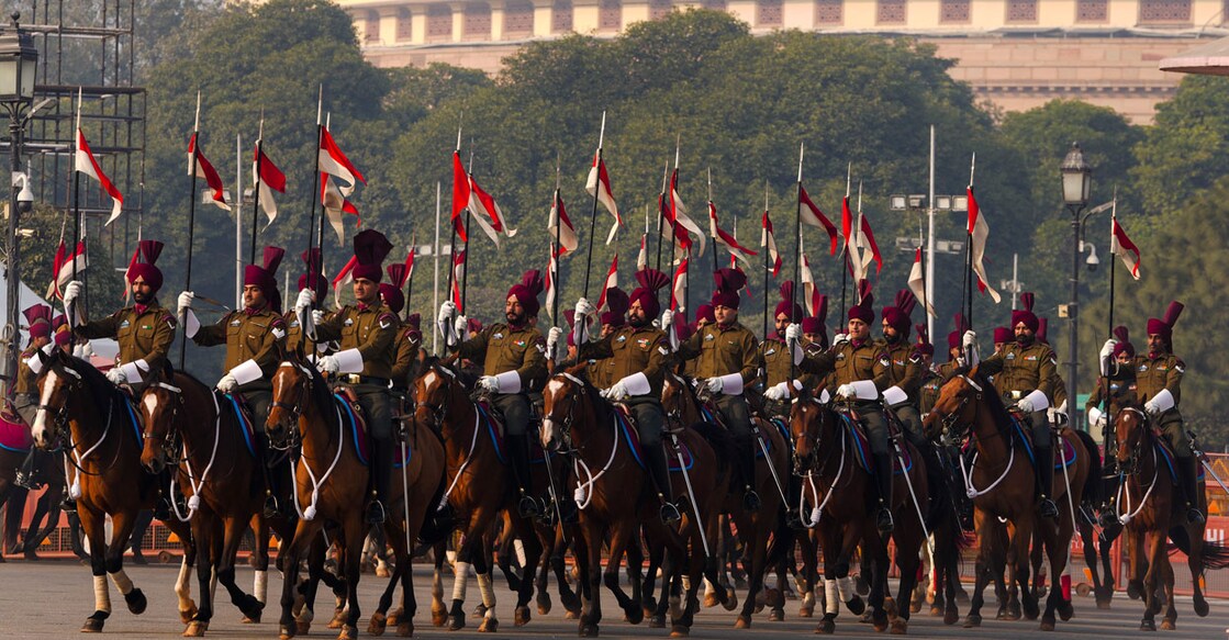 61st Cavalry Regiment of the Indian Army personnel march past during rehearsals for the Beating the Retreat ceremony, in New Delhi. Photo: PTI.