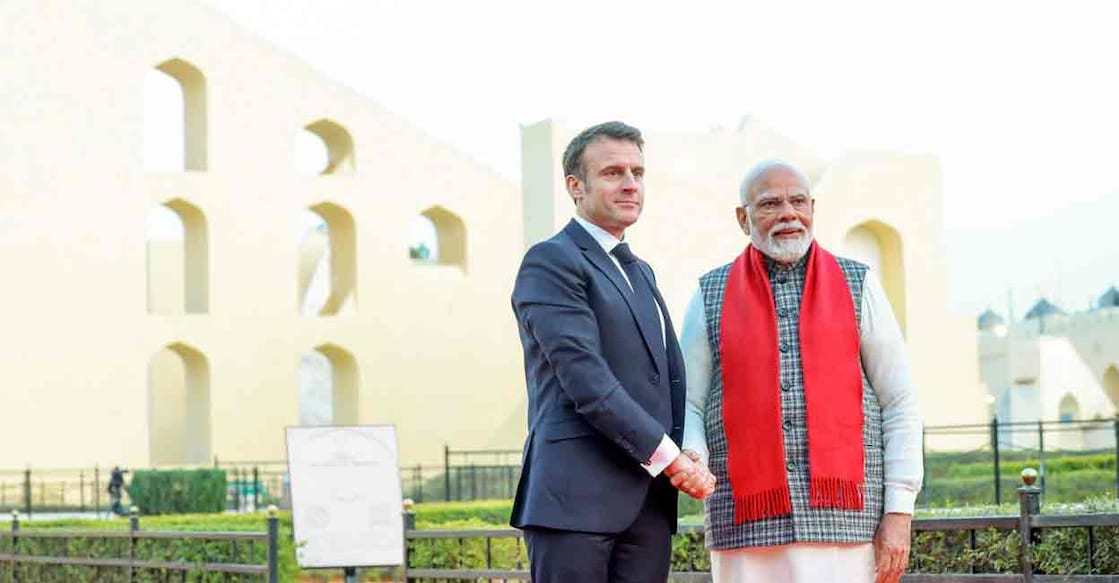 Prime Minister Narendra Modi with French President Emmanuel Macron at the Jantar Mantar, in Jaipur, Thursday, Jan. 25, 2024. Photo: PTI