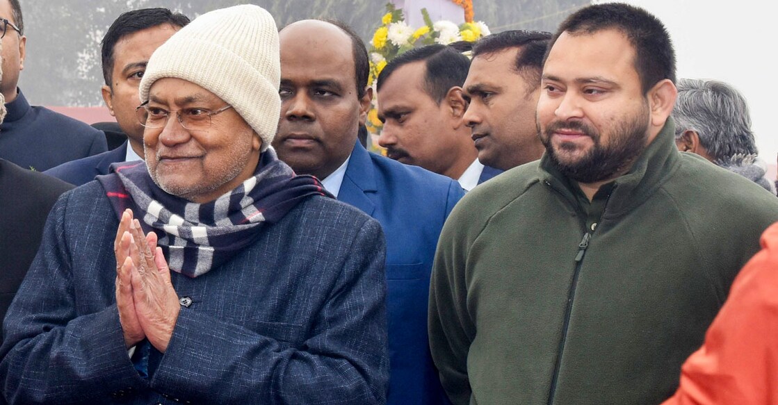 Bihar Chief Minister Nitish Kumar and Deputy CM Tejashwi Yadav during the celebration of the 75th Republic Day at Gandhi Maidan in Patna on Friday. Photo: PTI