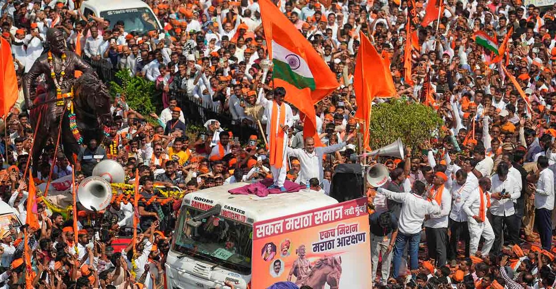 PTI01_26_2024_000593A Maratha activist Manoj Jarange Patil and his supporters during their march for reservation, in Navi Mumbai, Friday, Jan. 26, 2024. Photo: PTI