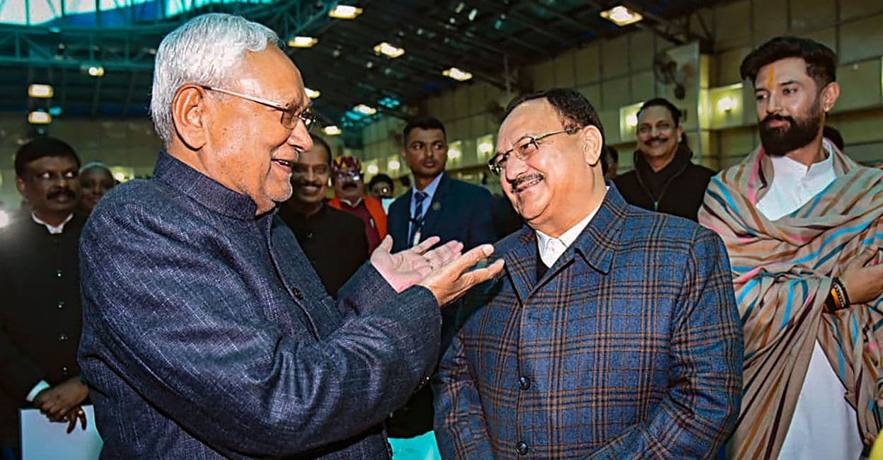 nitish-kumar-nadda BJP National President JP Nadda and JD(U) leader and former Bihar CM Nitish Kumar during the swearing-in ceremony of new state government, at Raj Bhavan in Patna, Sunday, January 28, 2024. Photo: PTI