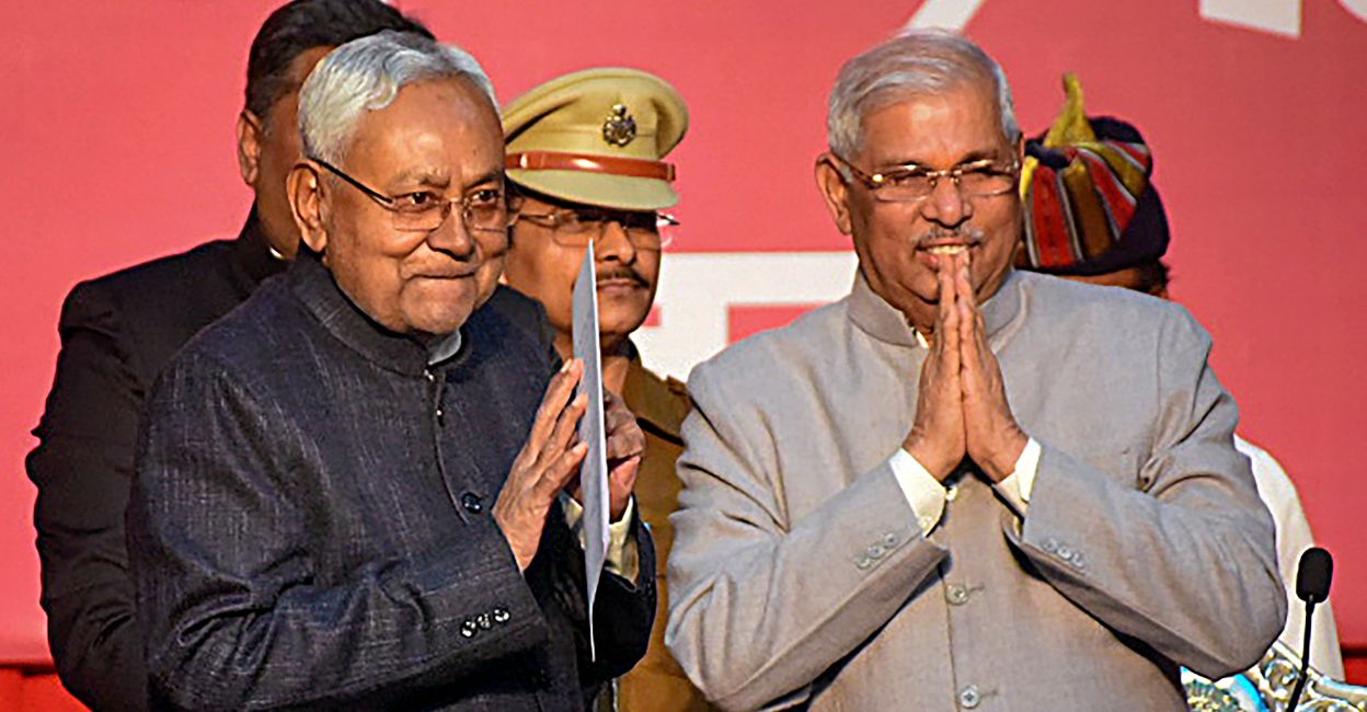 Bihar Governor Rajendra Arlekar with JD(U) leader Nitish Kumar after the latter took oath as Bihar CM during the swearing-in ceremony of new state government, at Raj Bhavan in Patna, Sunday, January 28, 2024. Photo: PTI