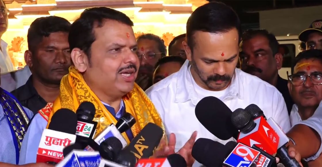 devendra-fadnavis-rohit-shetty Maharashtra Deputy Chief Minister Devendra Fadnavis addresses the media alongside Bollywood director Rohit Shetty. Photo: X/@Dev_Fadnavis