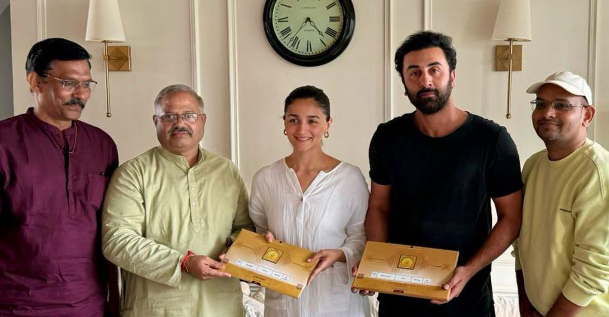 Ranbir Kapoor and his wife Alia Bhatt received an invitation to attend the Shri Ram Janmabhoomi Mandir Pran Pratishtha ceremony from Sunil Ambedkar and Ajay Mudpe of RSS. Photo: Taran Adarsh/X