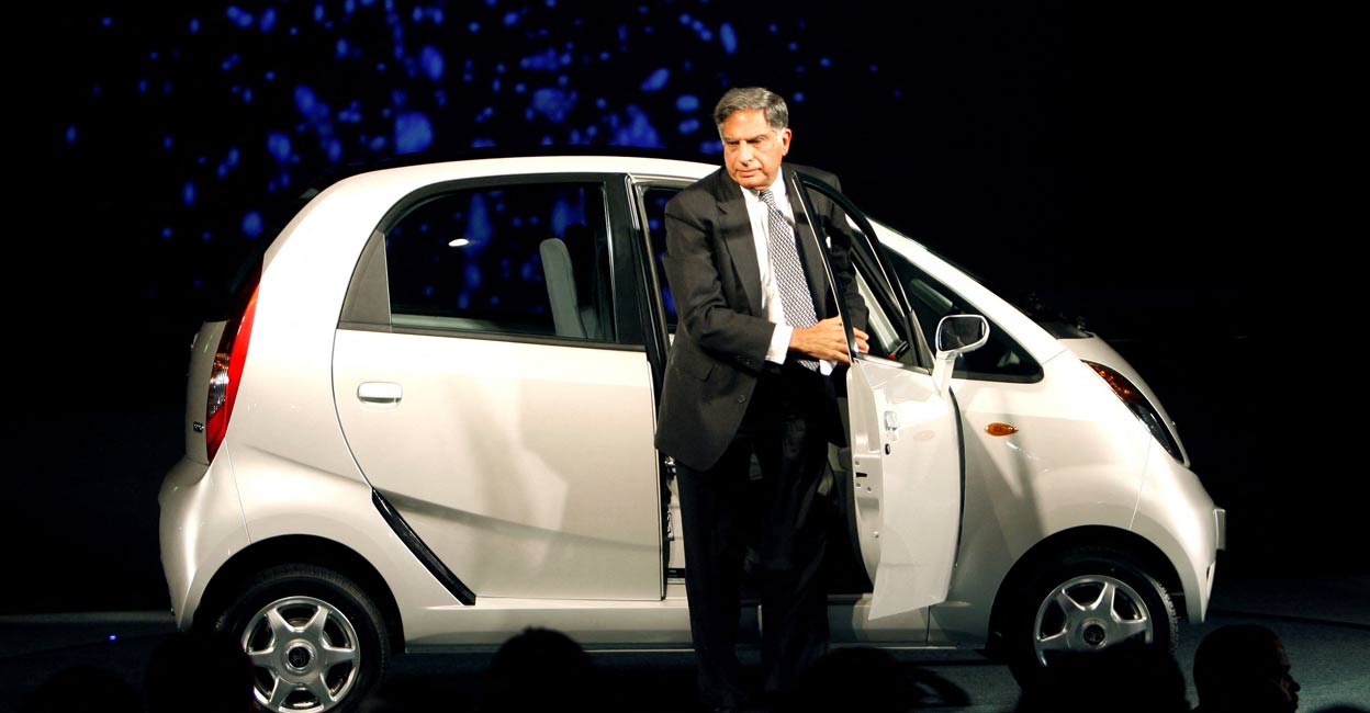 India's Tata Group Chairman, Ratan Tata, steps out from the company's new "Nano" car during its launch at the 9th Auto Expo in New Delhi on January 10, 2008. File Photo: Reuters via PTI. 
