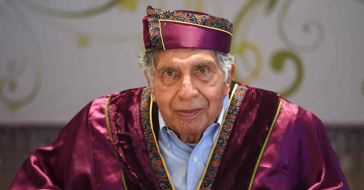 PTI10_10_2024_000008B Industrialist Ratan Tata during conferment of honorary Doctorate of Literature at the first special convocation 2022 of HSNC University, in Mumbai, Saturday, June 11, 2022. File Photo: PTI