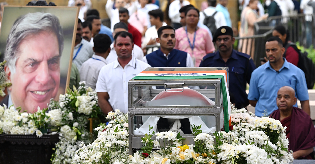 ratan tata The coffin carrying mortal remains of Indian industrialist Ratan Tata is seen at the National Centre for the Performing Arts (NCPA) ahead of its cremation in Mumbai on October 10, 2024. Photo: Punit PARANJPE/ AFP