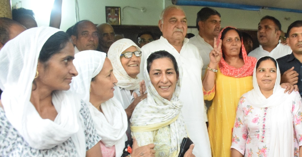 Bhupinder Singh Hooda Hooda with his supporters at his residence in Rohtak. Photo: Special Arrangement