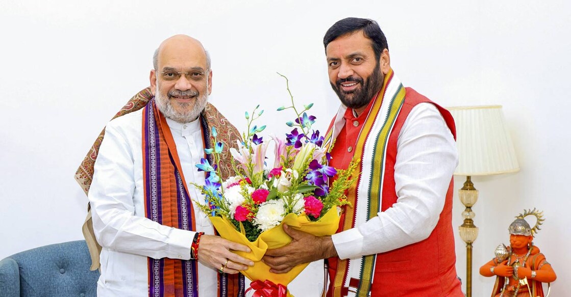 amit-shah-saini-ls Union Home Minister Amit Shah with Haryana Chief Minister Nayab Singh Saini during a meeting in New Delhi, Wednesday, Oct. 9, 2024. Photo: PTI.
