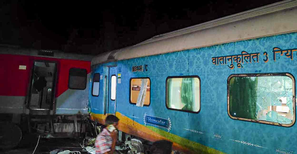 Derailed coaches after an express train rammed into a stationary train, at Kavarapettai in Tiruvallur district, Friday, Oct. 11, 2024.  Photo: PTI