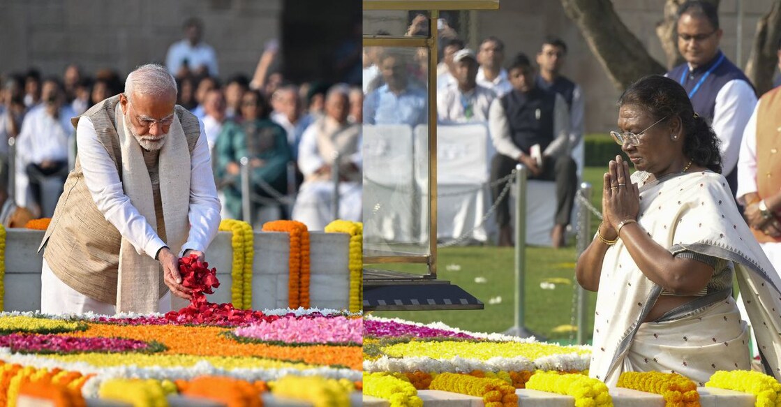 PM Narendra Modi and President Droupadi Murmu paying tributes to Mahatma Gandhi at Rajghat, New Delhi. Photo: Sajjad HUSSAIN / AFP, Shahbaz Khan/PTI