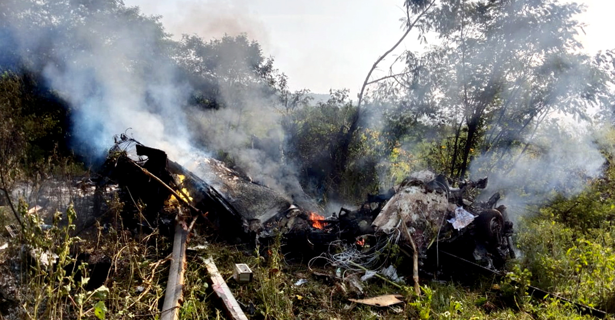  Wreckage of a helicopter after it crashed at Bavdhan area in Pune district. Photo: PTI