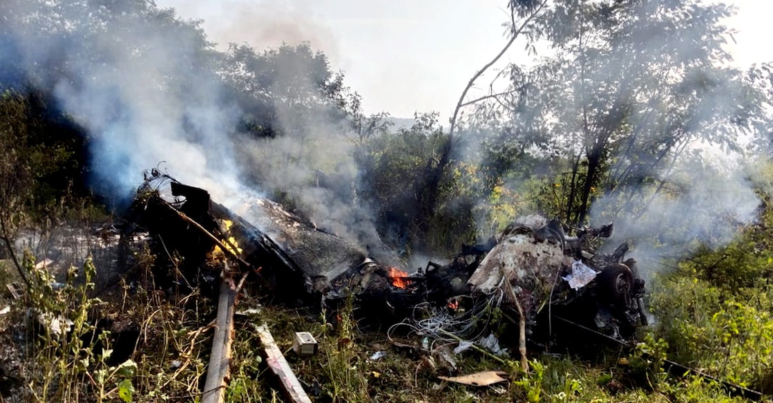  Wreckage of a helicopter after it crashed at Bavdhan area in Pune district. Photo: PTI
