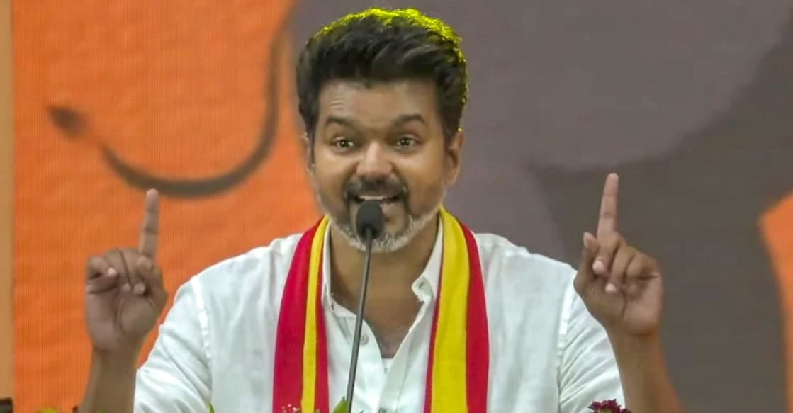 Actor and founder of Tamilaga Vetri Kazhagam Vijay addresses during his party's first political conference at Vikravandi in Villupuram district, Sunday, October 27, 2024. Photo: PTI