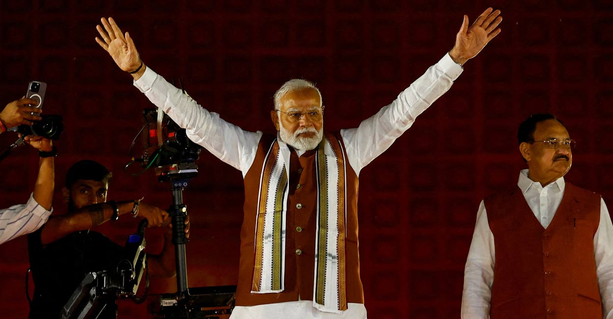 Indian Prime Minister Narendra Modi gestures, at the Bharatiya Janata Party (BJP) headquarters as BJP celebrates its win in the Haryana state assembly elections, in New Delhi, India, October 8, 2024. Photo: Reuters via PTI. 