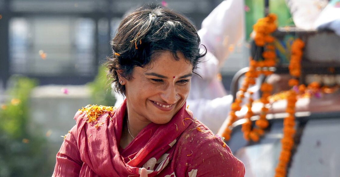 Congress candidate from Julana seat Vinesh Phogat celebrates her win in the Haryana Assembly elections, in Jind district, Tuesday, Oct. 8, 2024. Photo: PTI.