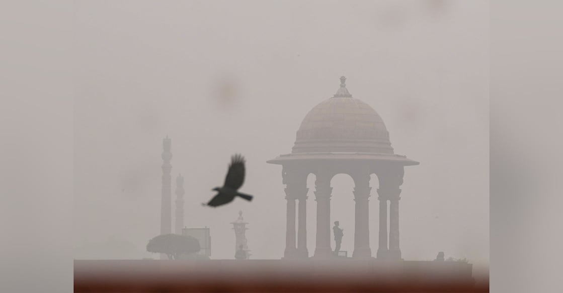 A bird flies past the North Block amid fog, in New Delhi. Photo: PTI