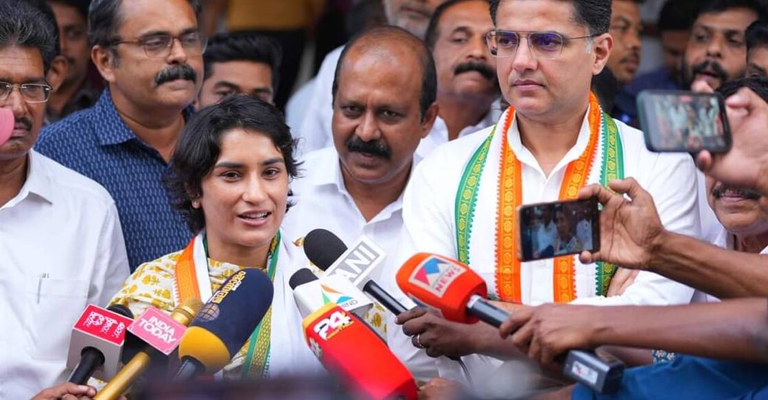 Vinesh Phogat addressing media in Wayanad. Photo: Special arrangement. 