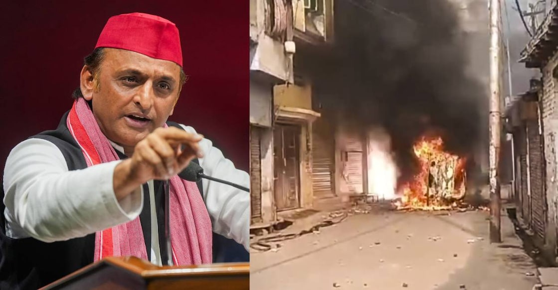 Akhilesh Yadav (left) and a vehicle burns after being allegedly set on fire by locals in protest during a second survey of the Jama Masjid (right). Photo: PTI