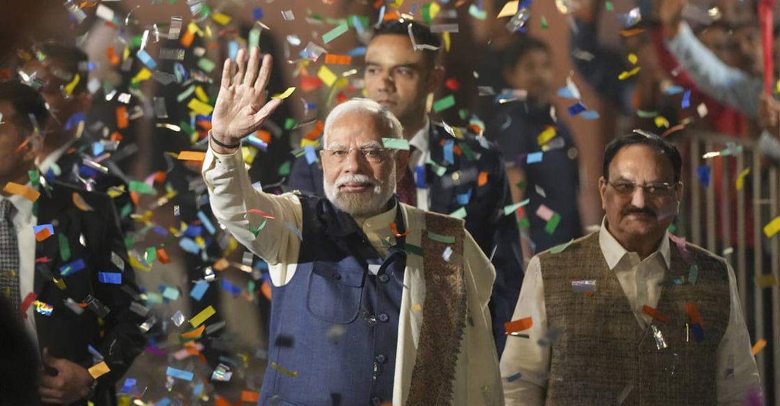 Prime Minister Narendra Modi during celebration of BJPs victory in the Maharashtra Assembly elections and in several bypolls, at BJP headquarters in New Delhi, Saturday, Nov. 23, 2024. Photo: Manorama.