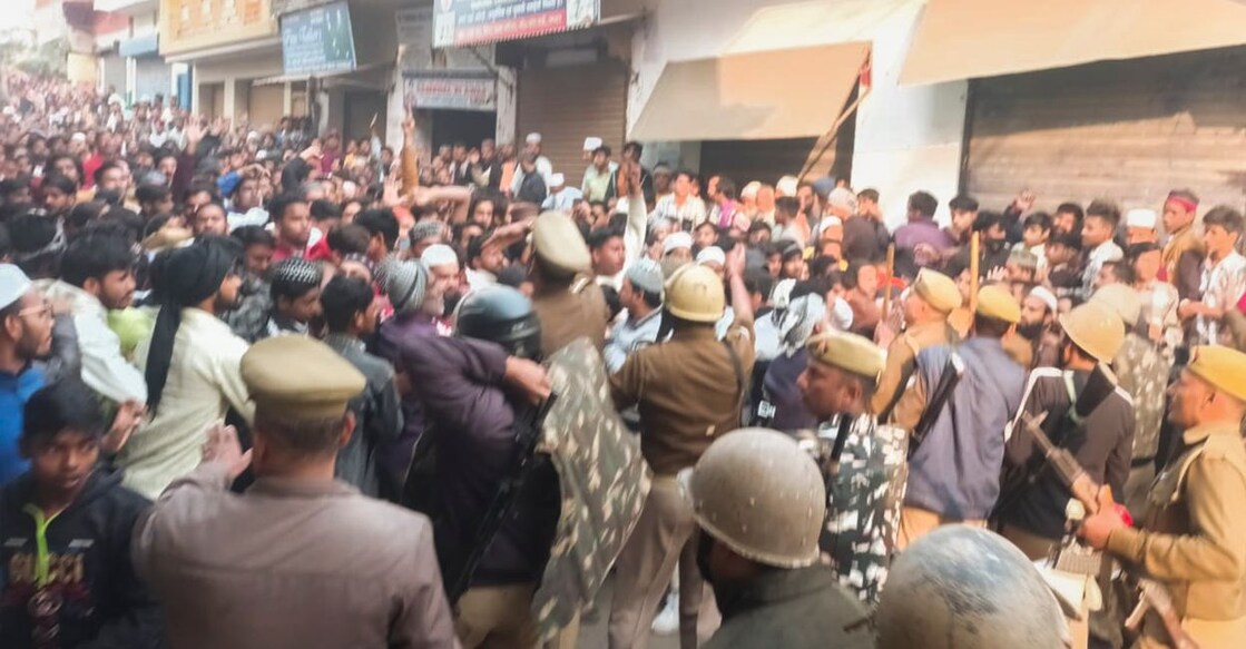 Police used tear gas and force in the face of stone pelting by locals on Sunday as tension escalated during the survey of the Mughal-era mosque. Photo: PTI