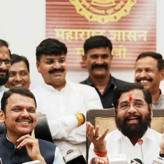 PTI11_23_2024_000237A Maharashtra Chief Minister Eknath Shinde with Deputy Chief Ministers Devendra Fadnavis and Ajit Pawar addresses a press conference as the BJP-led Mahayuti alliance secures victory in the Maharashtra Assembly elections, in Mumbai, Saturday, Nov. 23, 2024. Photo: PTI