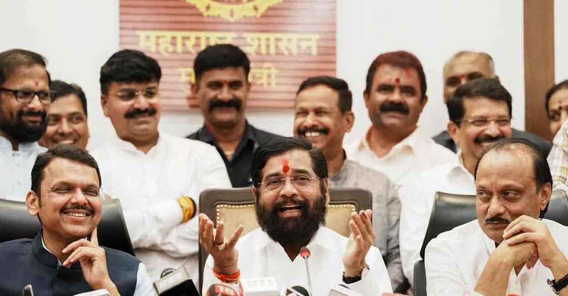 Maharashtra Chief Minister Eknath Shinde with Deputy Chief Ministers Devendra Fadnavis and Ajit Pawar addresses a press conference as the BJP-led Mahayuti alliance secures victory in the Maharashtra Assembly elections, in Mumbai, Saturday, Nov. 23, 2024.  Photo: PTI