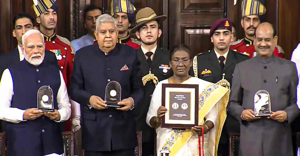 President Droupadi Murmu, Vice President Jagdeep Dhankhar, Prime Minister Narendra Modi and Lok Sabha Speaker Om Birla during 'Samvidhan Divas' function at Samvidhan Sadan, in New Delhi, Tuesday, Nov. 26, 2024.  Photo: PTI