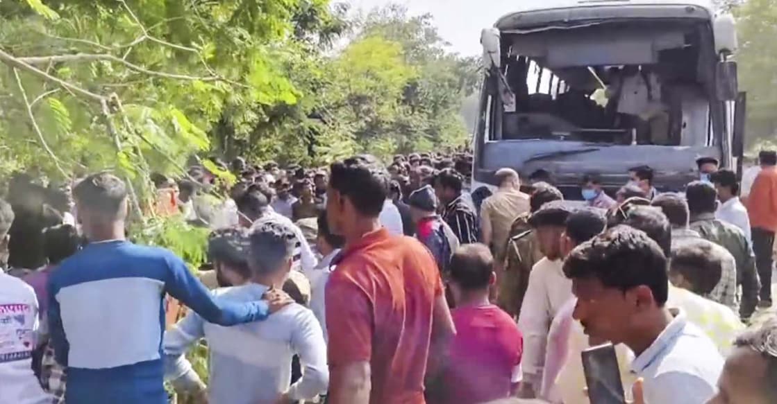 maharashtra People gather at the accident site in Gondia, Maharashtra. Photo: PTI