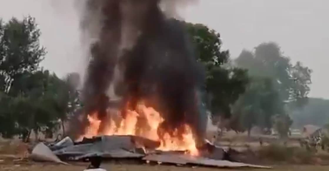 Videos circulating on social media show the jet engulfed in flames after crashing into an uncultivated farmland. Screengrab: X/@ludiaapynz. 