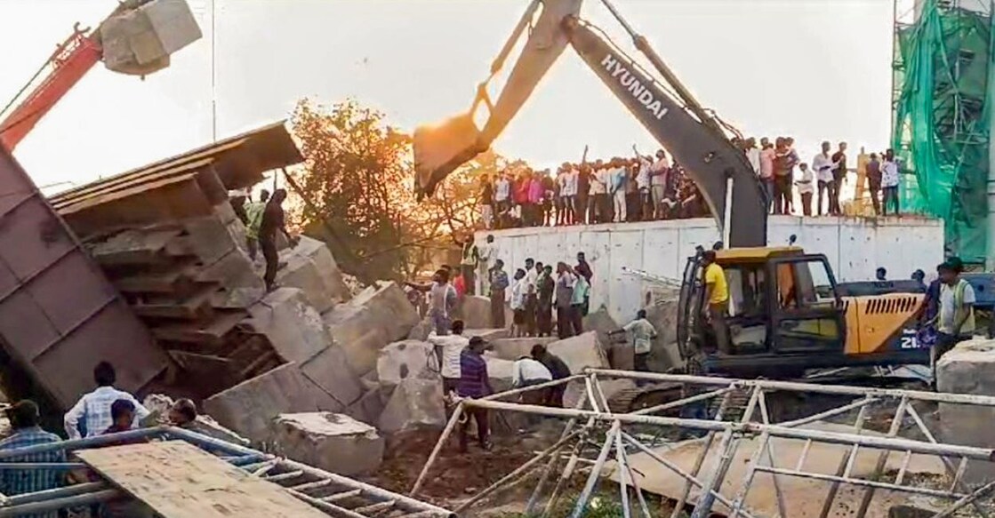 Rescue operation underway after a temporary structure collapsed at a construction site on the Mumbai-Ahmedabad Bullet Train corridor, in Gujarat's Anand, Tuesday, November 5, 2024. Photo: PTI