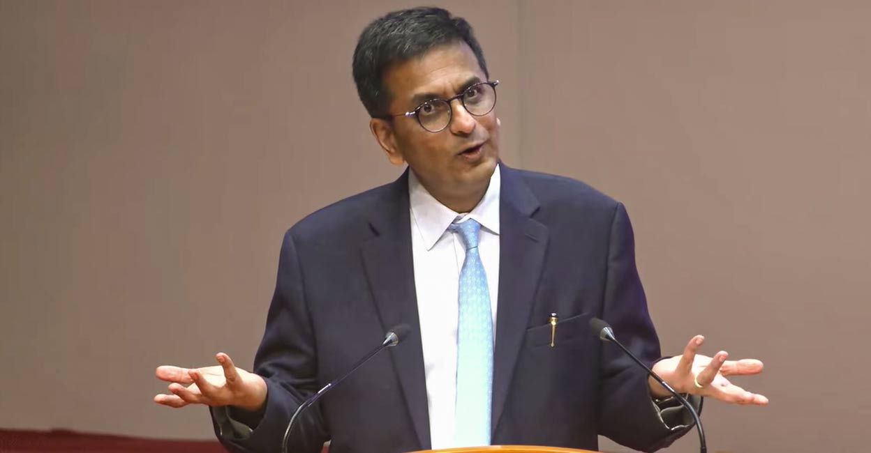 Outgoing Chief Justice of India (CJI) D Y Chandrachud speaks during a farewell function organised in his honour by the Supreme Court Bar Association (SCBA) in New Delhi on Friday, Nov 8, 2024. Photo: PTI. 