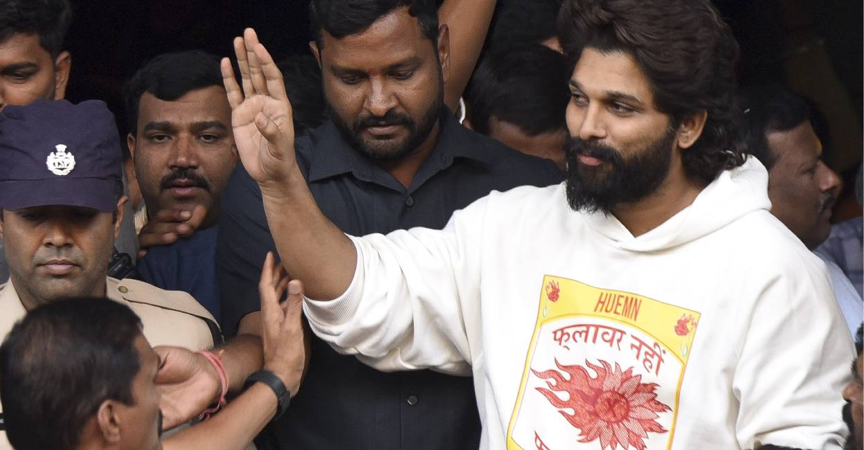 allu-arjun-arrest Telugu actor Allu Arjun leaves the state-run Gandhi Hospital after medical check up, in Hyderabad. Photo: PTI