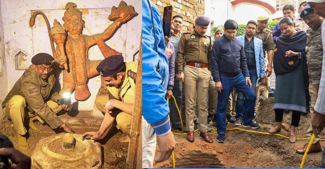 PTI12_14_2024_000139B Police personnel and others stand near a well found inside a recently-opened temple, in Sambhal, Uttar Pradesh, Sunday, Dec. 15, 2024. Photo: PTI